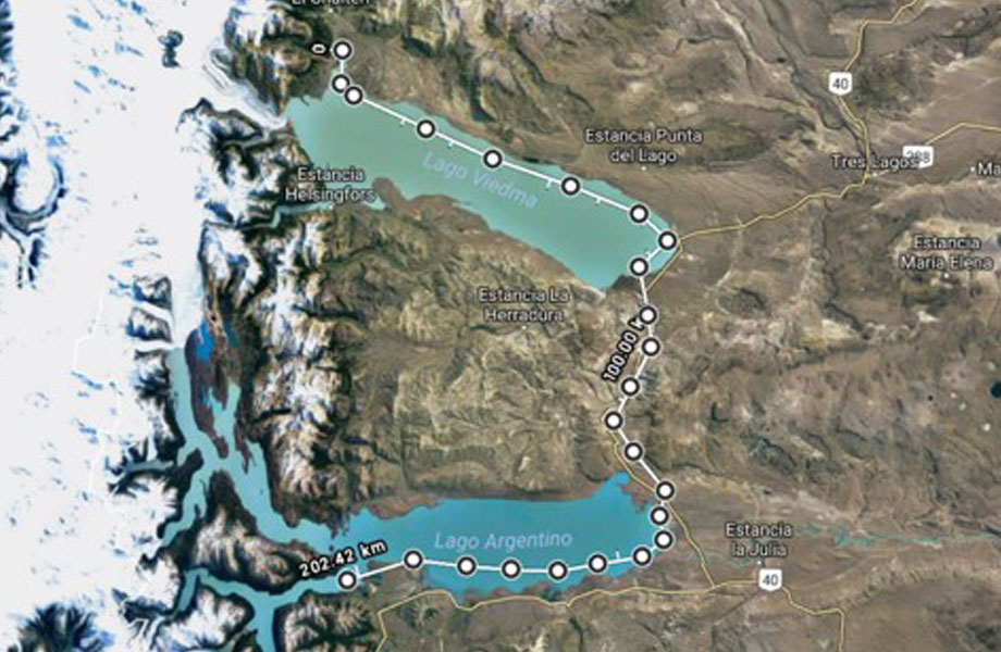 Map of lakes for world first stand up paddle board route Patagonia