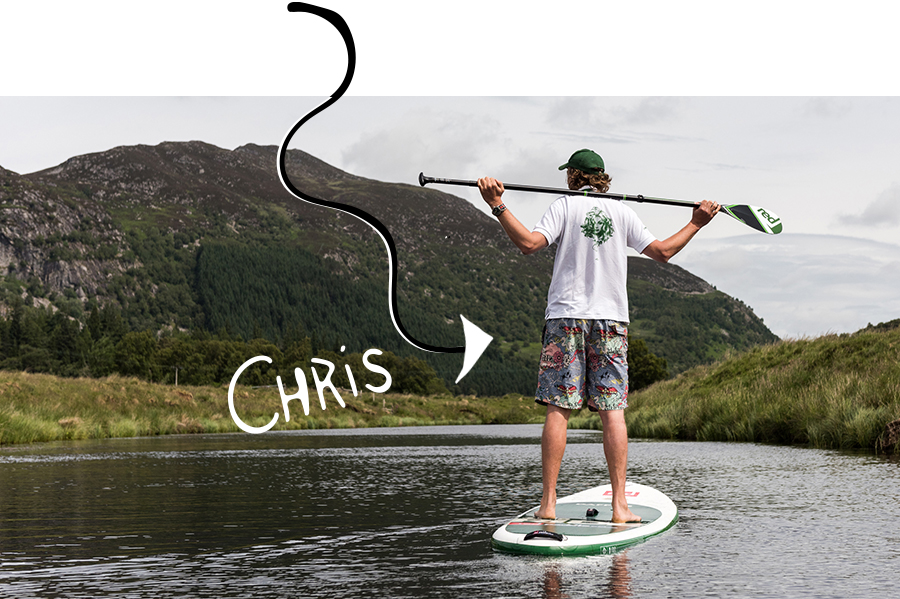 Man stands on paddle board resting arms on paddle