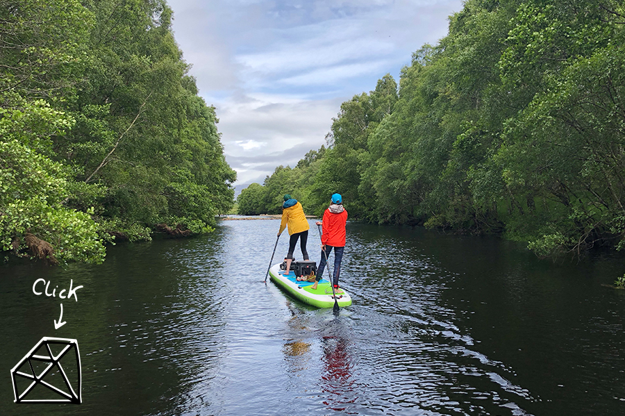 two paddlers on Tandem inflatable SUP in middle of river