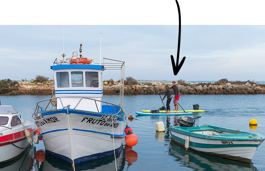 Couple paddle along on paddle board